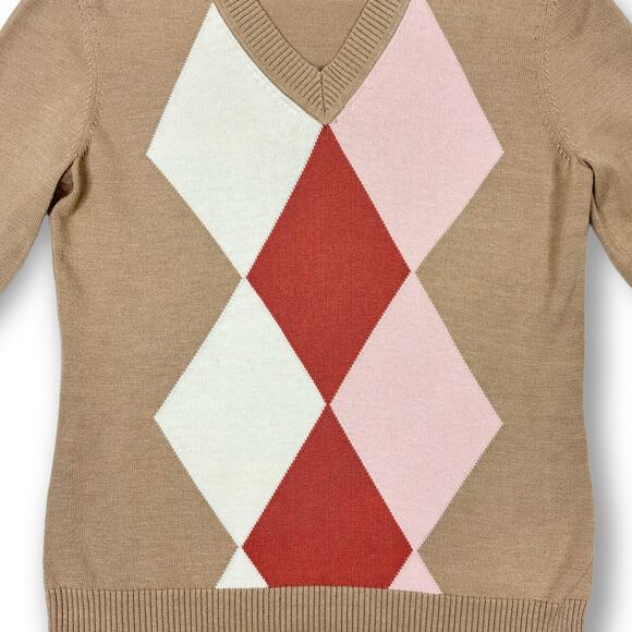 Van Heusen Vneck Argyle Diamond Lightweight Sweater Light Academia Tan Small - Picture 3 of 5